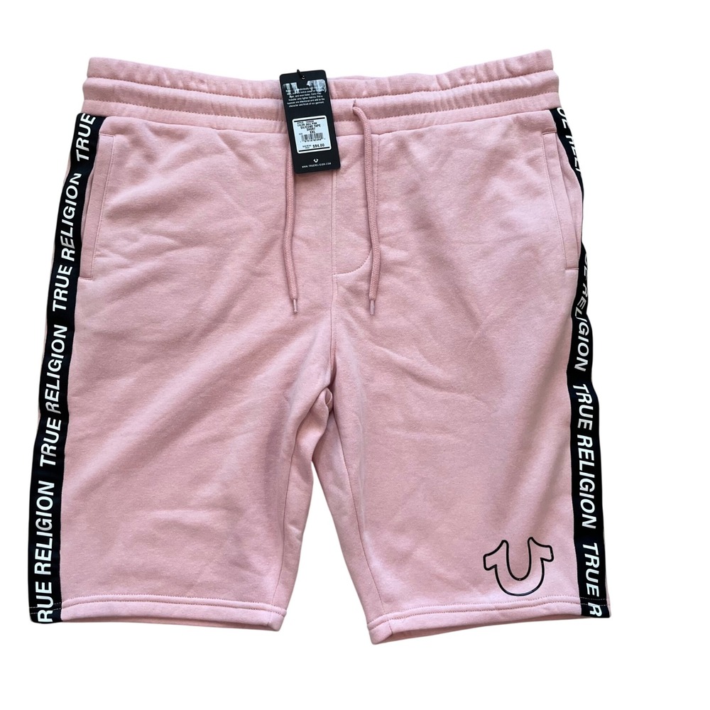 True Religion Mens Silicone Tape Sweat Shorts Dull Pink XXL 700500 Fleece Logo